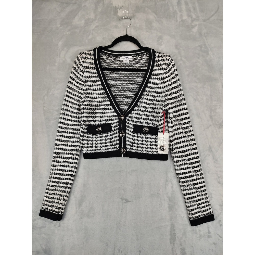 London Fog Black White Geometric Knit Cropped Cardigan Sweater M Button Front